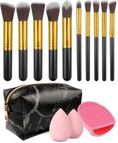 Evvie set van 10 make-up kwasten met beauty blender (2x) en brushegg in etui - zwart/goud