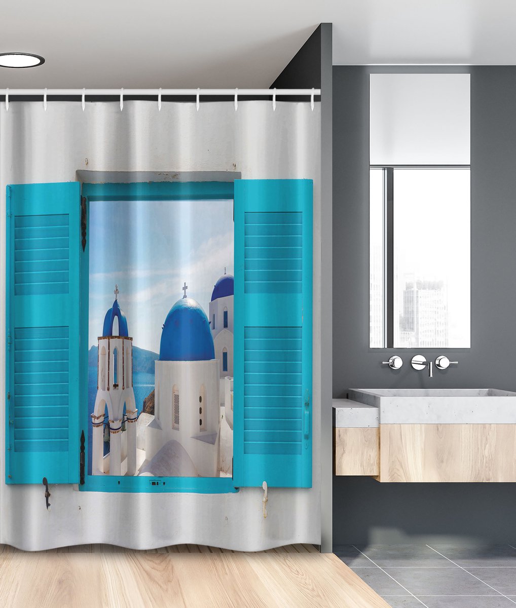 New Bed, Landschap Griekenland Oia Gebouw, Douchegordijn Badkamer Decor Set met Haakjes, 120 cm B 180 cm L