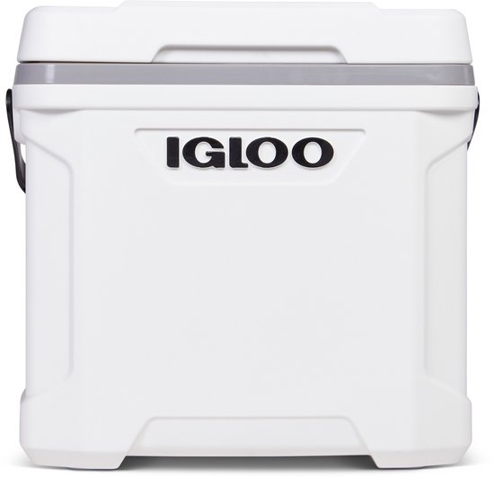 Witte Igloo koelbox met zwarte tekst en grijze dekselrand.