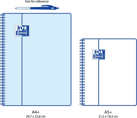 Illustration comparant les carnets Oxford A4+ (29,7 x 22,8 cm) et A5+ (21,5 x 18,3 cm).