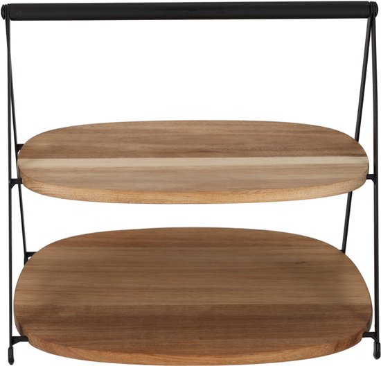 Tweelaagse etagère met ronde houten bladen en zwart metalen frame.