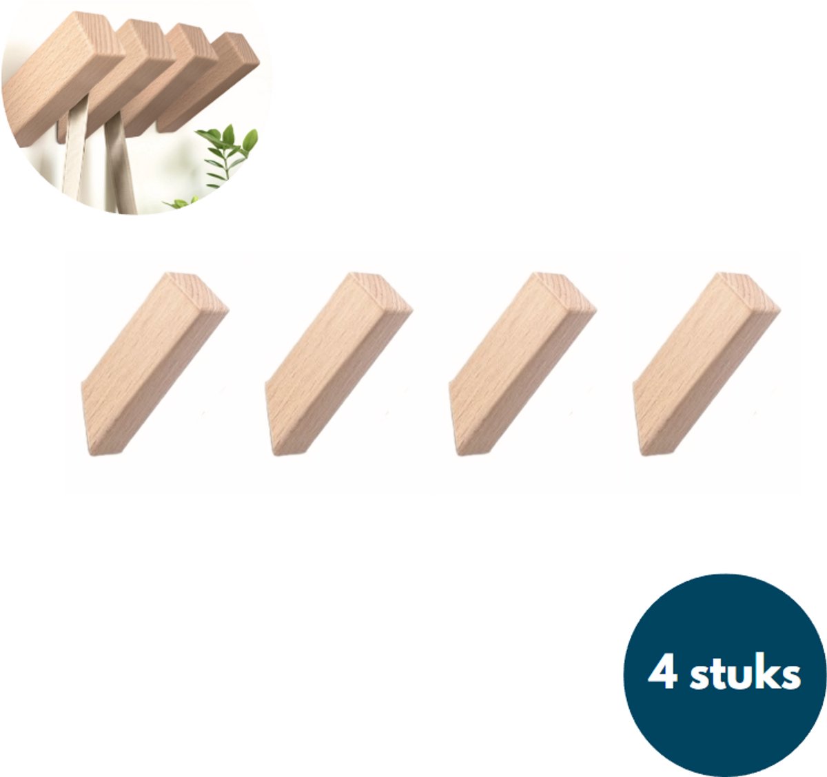 Houten Wandhaken - Vierkante kapstokhaken - Ophanghaken - Handdoekhaken - Jashaken - 4 stuks - Teak