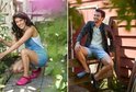 Een vrouw met roze stippenklompen en een man met donkerblauwe klompen in een tuinsetting.