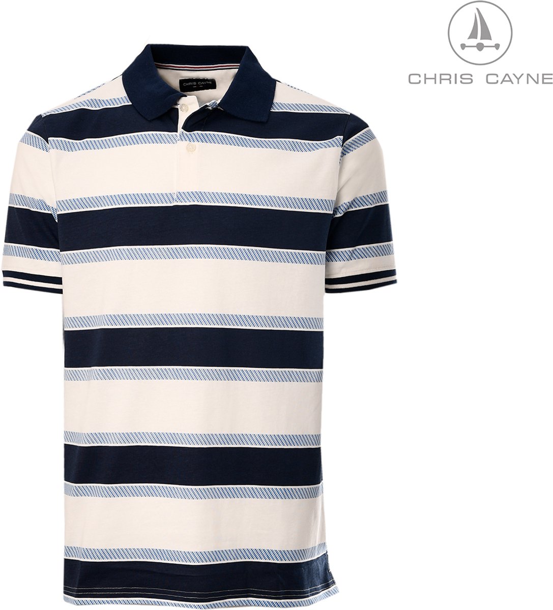 Chris Cayne heren poloshirt - M - gestreept dessin - print - jersey - offwhite/blauw - polo - heren