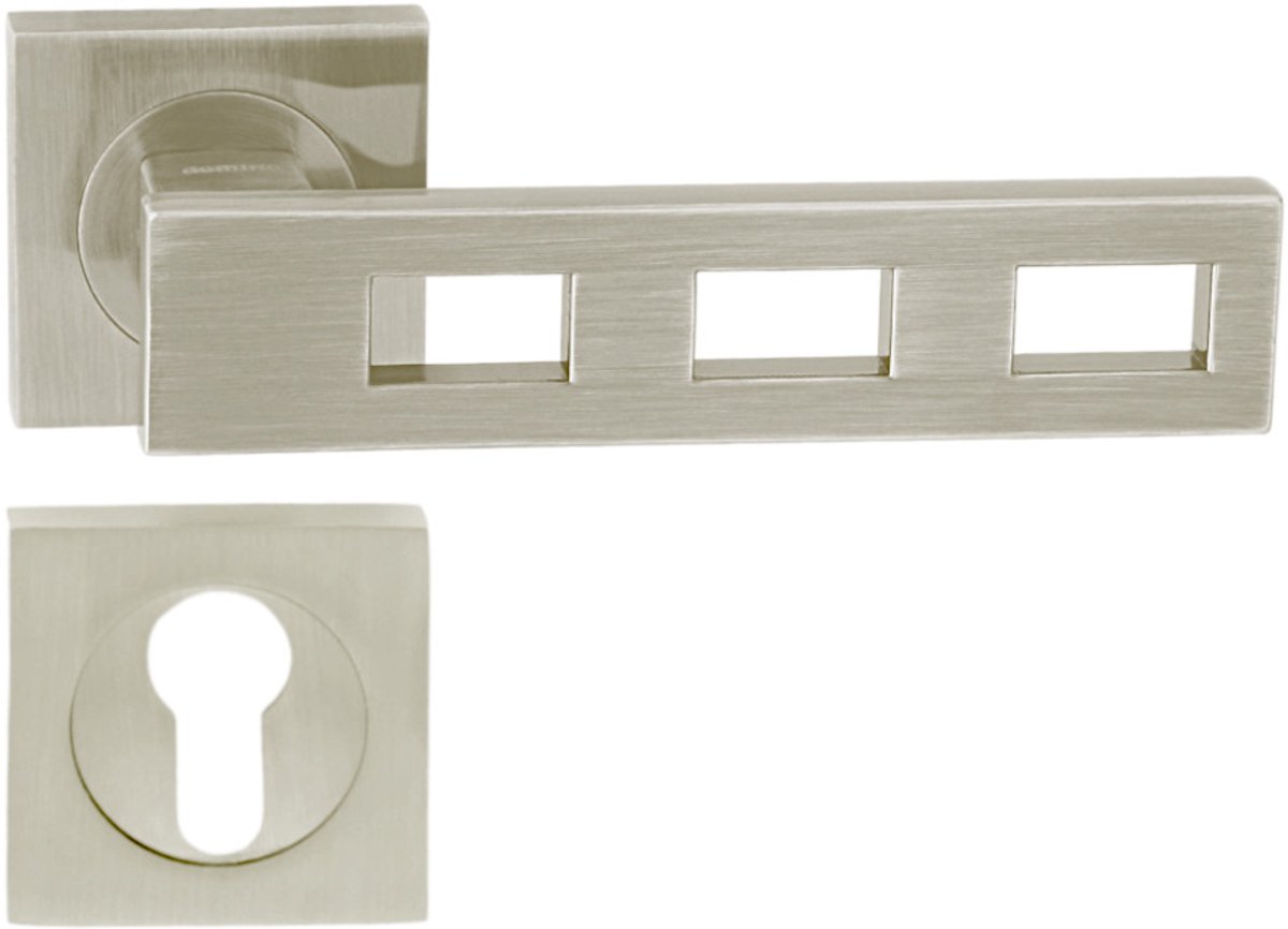 Domino® Deurkrukgarnituur TRE QR M9 - Nikkel gelakt - PZ-Profielcilinderset met Vierkant Rozette - Deurbeslag van aluminium - Deurklink voor kamerdeur, kantoordeur, kelderdeur en binnendeur