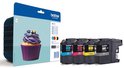 Brother LC123 inktcartridges: cyaan, magenta, geel en zwart. De verpakking toont een cupcake met paarse botercrème en gekleurde hagelslag.