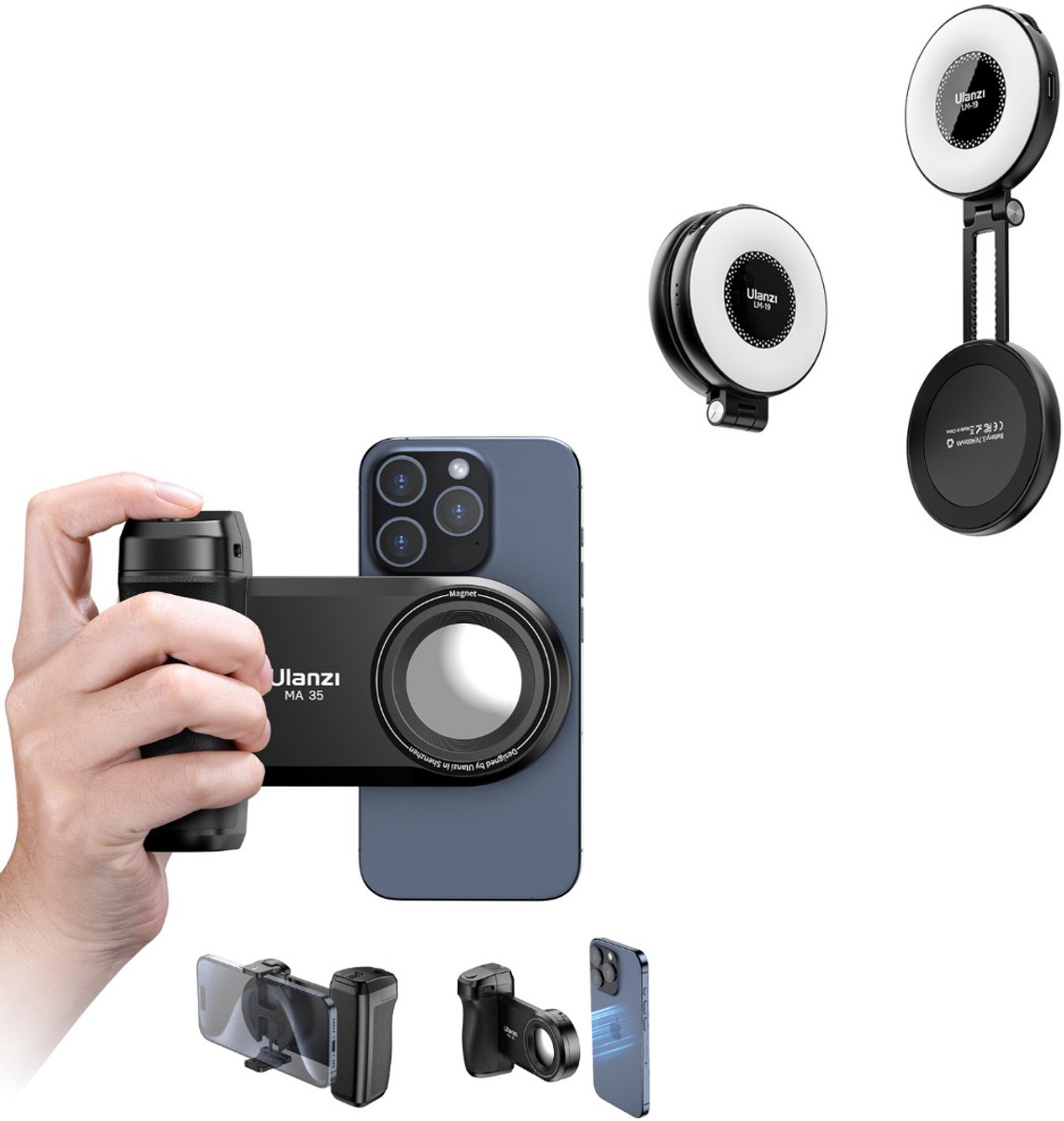 Ulanzi magnetische smartphone grip met MagSafe lamp - Selfielamp - Tiktoklamp - Magsafe bevestiging - Maak een camera van je telefoon - Zwart/wit