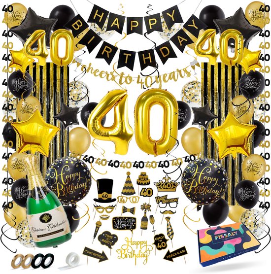 Fissaly 40 Jaar Verjaardag Decoratie Versiering - Ballonnen – Jubileum Man & Vrouw - Zwart en Goud
