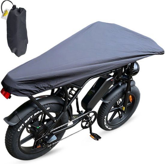 Grijze fietshoes bedekt een zwarte fatbike. Klein opbergzakje linksboven.