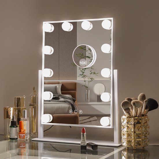 Miroir de maquillage Hollywood - Rotation libre à 360 degrés - Écran tactile intelligent - Trois réglages d'éclairage - Miroir de courtoisie à grossissement 10x - Miroir de maquillage de bureau - 30 cm x 41 cm Wit