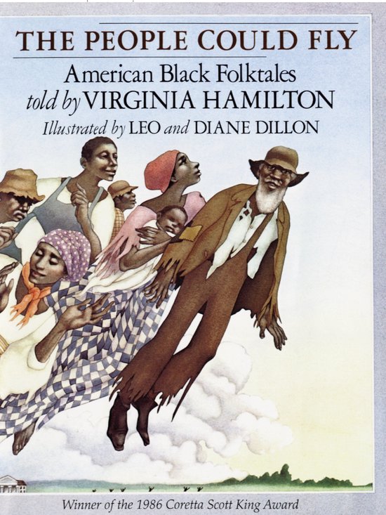 Boekomslag "The People Could Fly" met illustratie van mensen die opstijgen, getiteld "American Black Folktales".