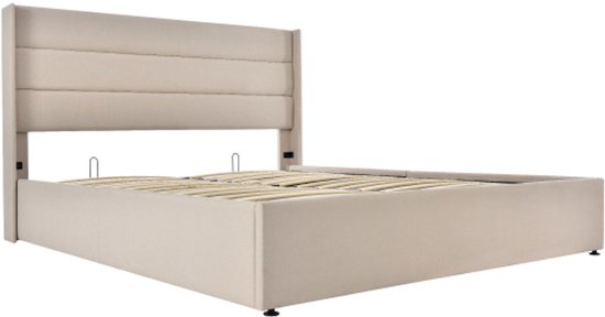 Gestoffeerd tweepersoonsbed, 140 x 200 cm, gevoerd bed met opbergruimte, hydraulisch mechanisme en elegante gouden accenten, perfect voor stijlvolle slaapkamer, fluweel, zonder matras (beige, 140 x