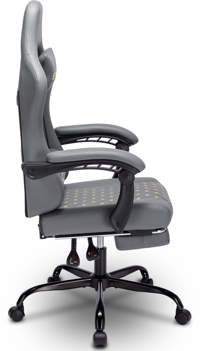 Afbeelding 2 van Symino FZ Gaming Stoel 200 kg – Racing-Style Gamestoel met Uittrekbare Voetensteun, 155° Rugleuning & 3D Armleuningen – Gepolsterd PU-leer – Grijs