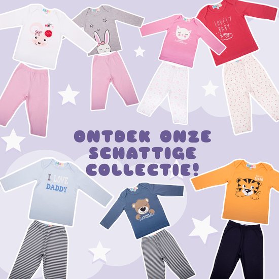 Collage van verschillende baby pyjama's met prints van dieren en tekst.
