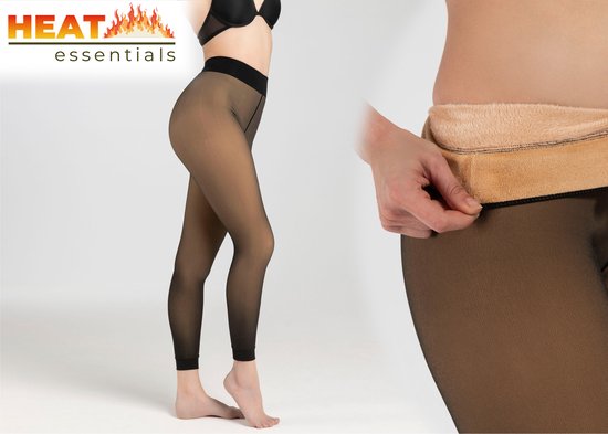 Model toont een zwarte panty, met logo 'HEAT essentials' op de linker achterkant. De binnenkant is van zachte fleece.