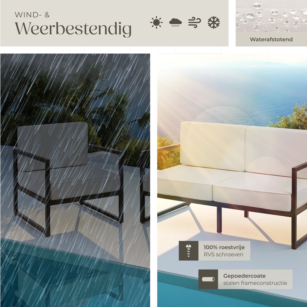 tectake® - Tuin-loungeset Comosa - Voor 5 personen - Tuinset - 2 loungebanken en tuin fauteuil - Waterafstotende en ultradikke zit-en rugkussens - Draagkracht 120kg per zitplaats - Bruin/beige – foto 7