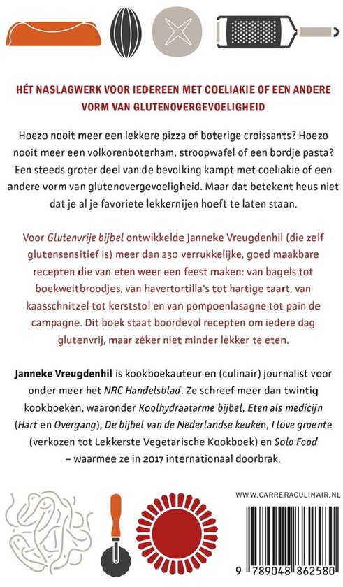 De tekst op de kaft beschrijft het 'Glutenvrije Bijbel' kookboek en Janneke Vreugdenhil.