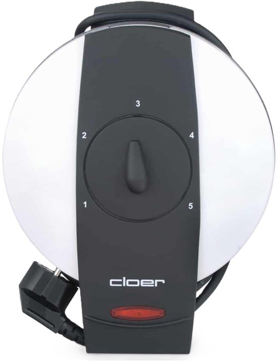 Zijaanzicht van een rond, wit wafelijzer met zwart, schuin bedieningspaneel met temperatuurregeling en 'cloer' logo.