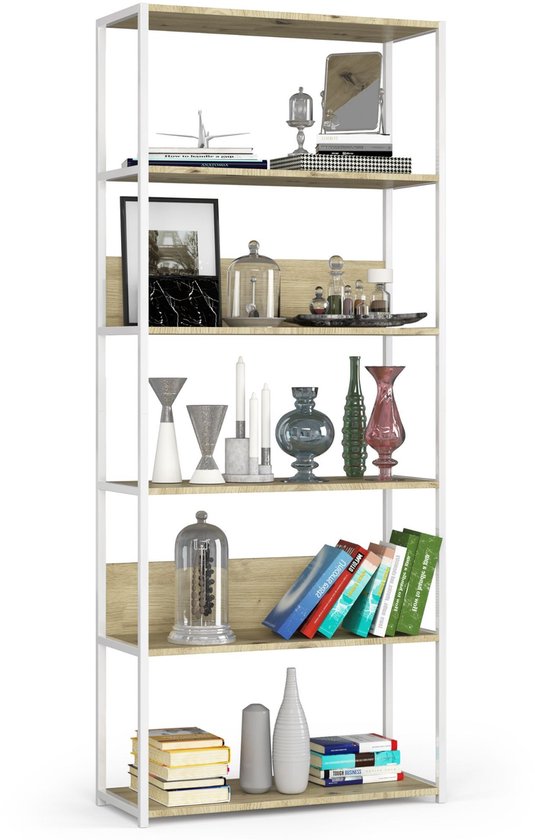 Bibliothèque Loft Métal 80cm Wit et Chêne Artisan - Design Industriel, Autoportante, 6 Planches, Style Moderne, À Monter Soi-Même