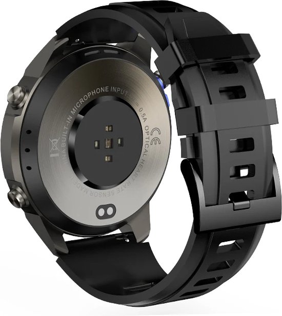 Achterkant van een zwarte smartwatch met sensoren en specificaties, waaronder 'Optical Heart Rate Sensor'.