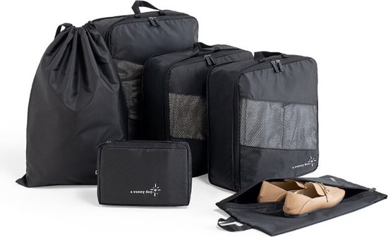a sunny day Cubes d'emballage - Rangement pour sièges-auto de bagages - 6 pièces - Organisateur de sac à dos - Cube de compression - Cubes d'emballage avec fermeture éclair de compression - Zwart