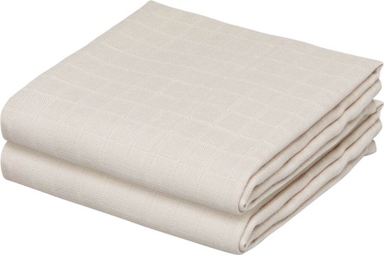 Twee beige hydrofiele doeken met een ruitpatroon, opgevouwen.