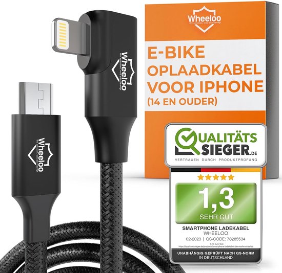 Wheeloo E-bike oplaadkabel voor iPhone I voor alle fietscomputers bijv. Bosch, Yamaha,...