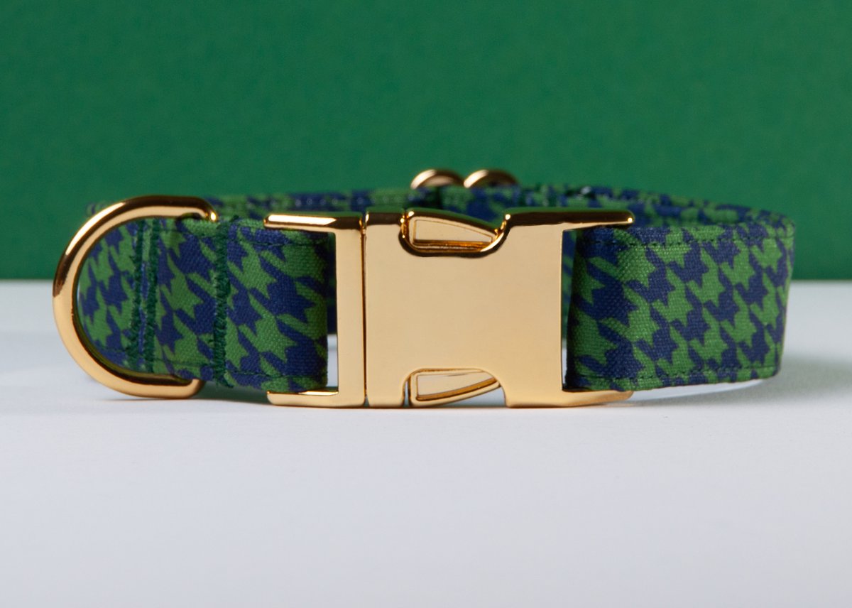 Halsband hond - Pied de poule honden halsband - Handgemaakt in Nederland - Groen blauw | Maat L