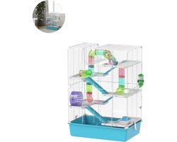 Hamsterkooi - Cavia kooi - Rattenkooi - Speelgoed - Huisje - 2 Niveaus - Verwijderbare Lade - Met Voederstation - Zaag - Loopplank - Hutten - Hangbrug - Staal - 58L x 36B x 81H cm - Lichtblauw