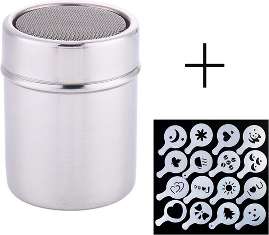 2 stuks poedersuiker strooiers cacaostrooier voor cappuccino - 16 stuks drukvormsjablonen, koffieaccessoires roestvrijstalen poederstrooier, meelstrooier met deksel