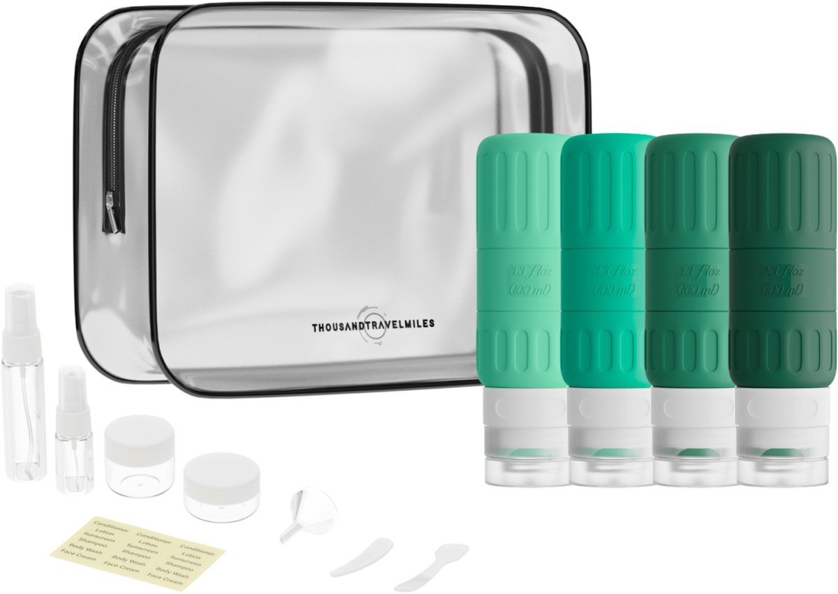 Reisflesjes met Toilettas – 100ml Siliconen Reisflacons – Reisaccessoires – 12-delig – Reisset – Reis flesjes – Doorzichtige Toilettas – Reizen Gadget – Groen