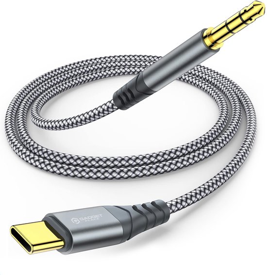 Câble tressé gris et blanc avec une fiche USB-C et une fiche jack auxiliaire dorée de 3.5mm.