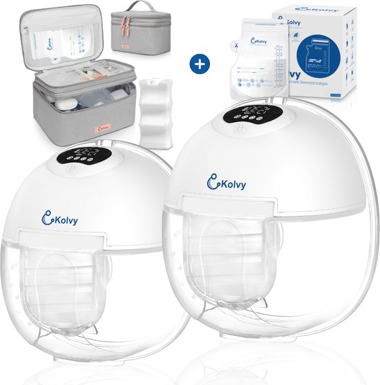Kolvy® Air Draadloze Elektrische Borstkolf – Inclusief Kolftas (Grijs) & Moedermelk Bewaarzakjes – Handsfree & Draagbaar – BPA-Vrij – Dubbele Borstkolf – E-book, 5 Maten & Stofkap