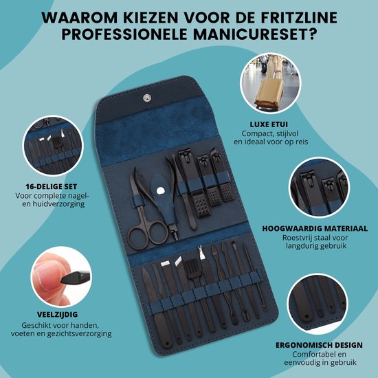 Luxe donkerblauwe lederen manicure etui opengeklapt met 16 zwarte RVS tools voor nagel- en huidverzorging.