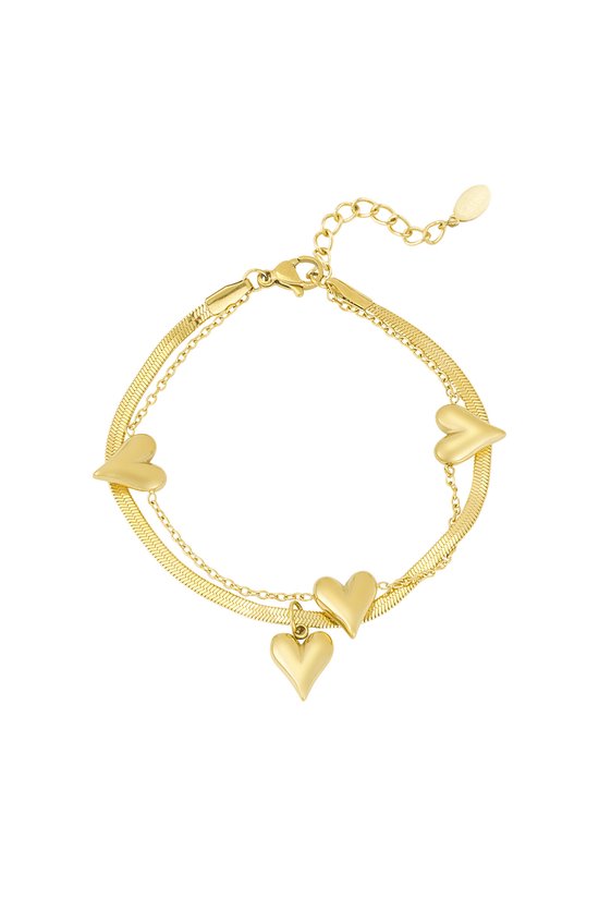Goudkleurig metalen armbandje vierkante schakels met Hartjes bedel 24cm