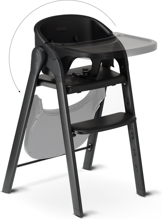 Zwarte Deryan kinderstoel met illustratie van het inklappen.