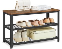 MIRA Home Schoenenbank Industrieel - Halbank Zitbank met 2 Planken voor 8 Paar - Bruin - 73x30x45 cm