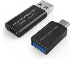 USB-C Data Blocker & USB-A Data Blocker [2-Pack] van MMOBIEL – USB naar USB-C / USB-C naar USB Gegevensblokkering - Beschermt tegen Hackers, Juice Jacking - Alleen Snel Opladen, Veilig Opladen – Zwart
