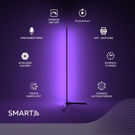 Calex Lampadaire LED intelligente - Lampe d'angle debout WiFi - éclairage d'ambiance dimmable RVB et lumière blanche - app et télécommande