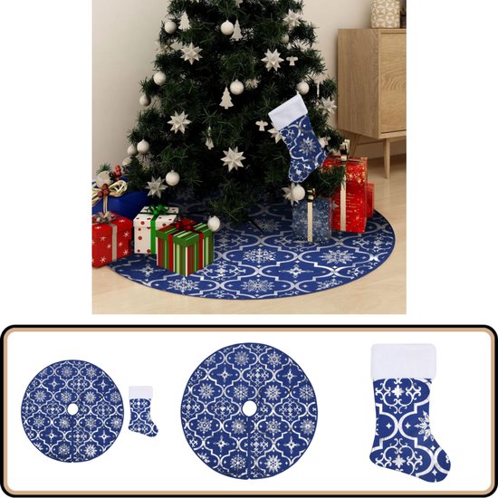 vidaXL Luxe Blauwe Kerstboomrok met Kerstsok 90cm Kerstboomrok - Kerstversiering - Kerstdecoratie - Sneeuwpattroontjes - Kerstsok