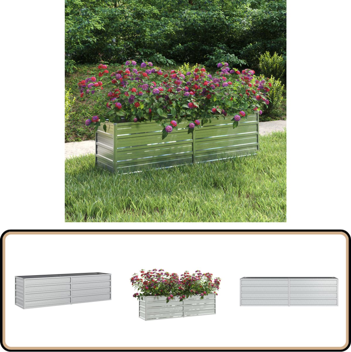 Verhoogde plantenbak van zilverkleurig staal, afmetingen 160x40x45 cm, ideaal voor balkonbeplanting en verticale tuinen.