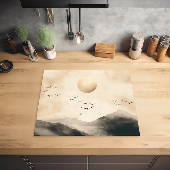 KitchenYeah® Protection plaque induction 60x52 cm - Paysage - Japandi - Oiseaux - Protege plaque de cuisson - Couvre plaque induction - Protecteur d'induction - Cuisine