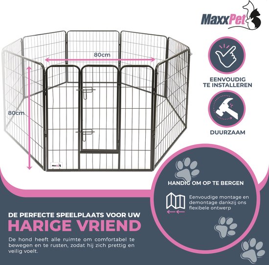 MaxxPet Puppyren - Hondenbench - Hondenren- Puppyren met 8 kennelpanelen - Staal -80 x 80 cm Ø 210 cm