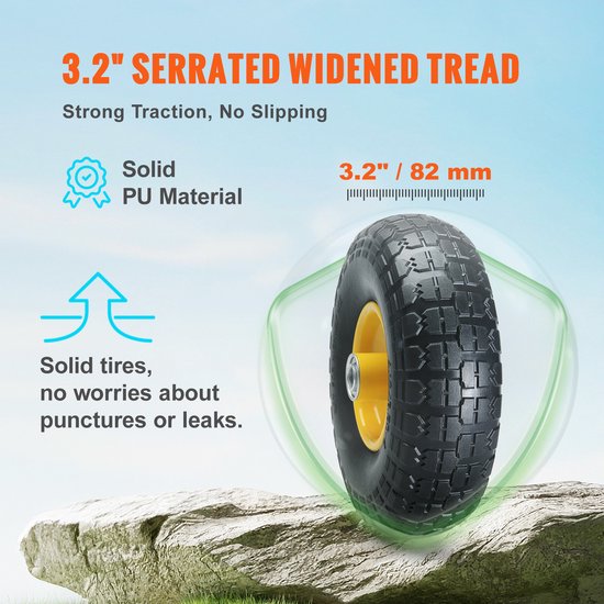 VEVOR Volledige Pu-Wielen met Runflat-Banden, 10 Inch, 2 Stuks, 400 Lbs Dynamische Belasting, 450 Lbs Statische Belasting, Tubeless Banden En Wielen voor Steekwagens, Bedrijfswagens, Dolly's, Tuinaanhangers van VEVOR — afbeelding 4