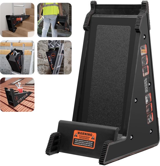 Zwarte ladderstabilisator met antislip textuur. Kleine afbeeldingen tonen gebruik op trappen, met muur, op ladder, op dak.