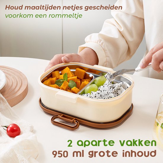 Lunch box - Bento box - Lunch box adulte - Lunch box enfant - Lunch box inox - Lunch box compartimentée - Lunch box - Hermétique et anti-fuite - Sans BPA - Marron