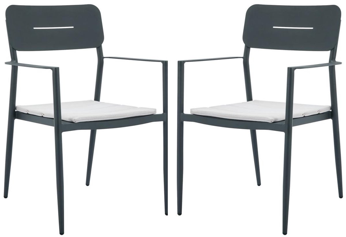 Vente-unique Set van 2 opstapelbare tuinfauteuils van aluminium met witte kussens - Antraciet - LOTTYS van MYLIA L 56 cm x H 86 cm x D 59 cm