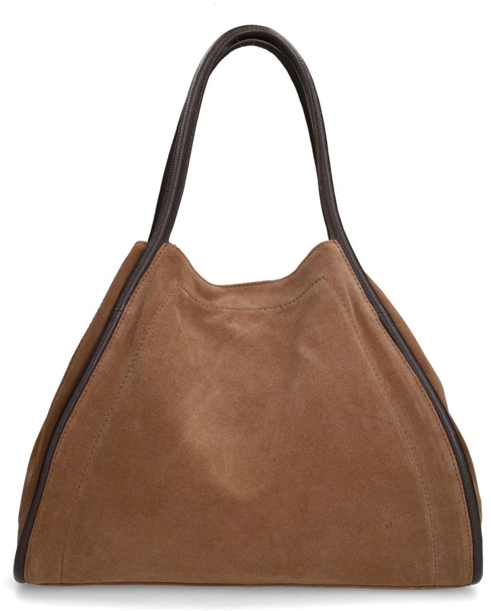 Manfield - Taupe suède handtas met bruine handvaten