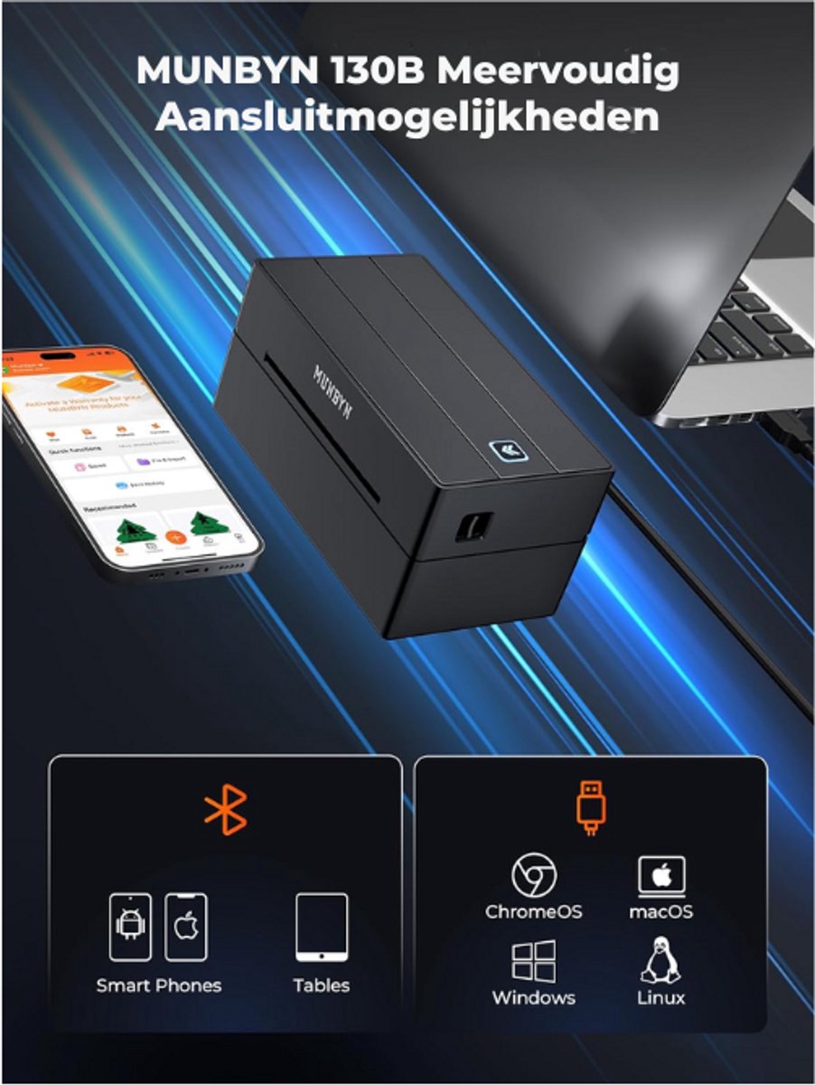 MUNBYN ITPP072 Thermische bonprinter 80 mm, POS-printer met USB-poorten LAN, compatibel met Android, Windows, ChromeOS en Linux, ondersteunt geen Bluetooth-verbinding