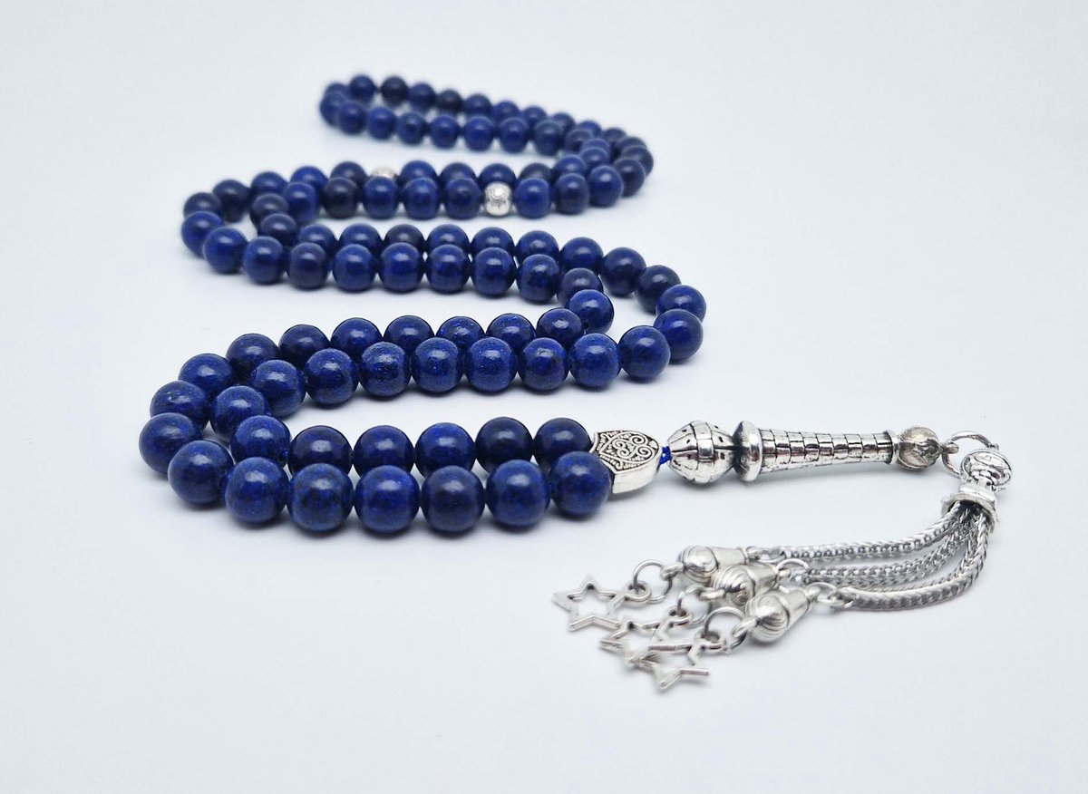 Handgemaakte tesbih "Tasbih" natuursteen " Azuur" - Aantal kralen 99 - Diameter kralen 8MM - met metaal tassel "Kleine sterren" - Een mooi cadeau-idee
